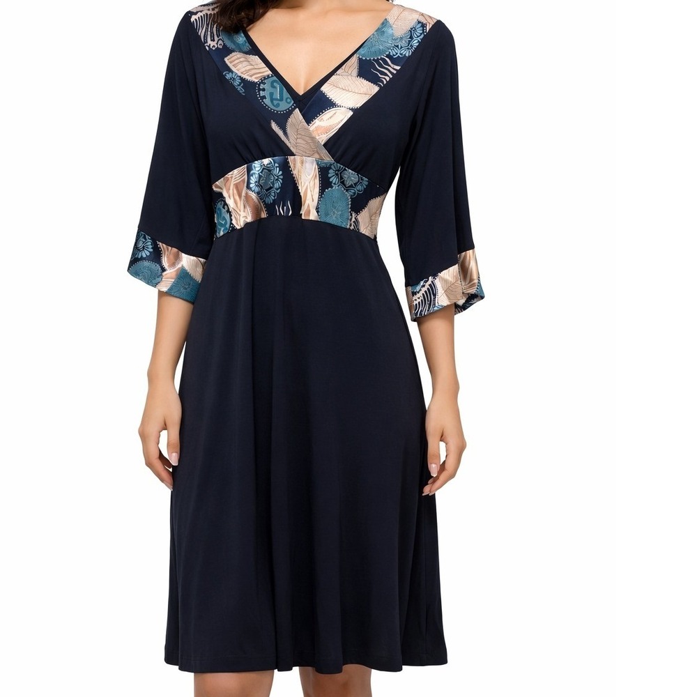 Renee C. by So Cool Navy Blue‎ Boho Print Empire Waist V-Neck Midi Dress Womens